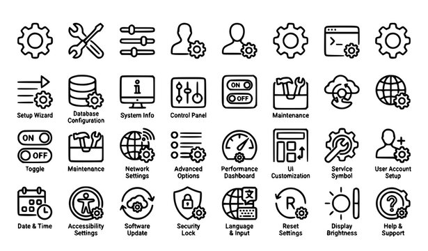 Settings and configuration line icon set with editable stroke gear tools preferences and UI control symbols vector pack