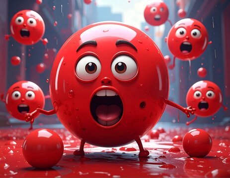 Red orbs with cartoon faces expressing surprise or fear, scattered on a glossy, red surface, with a blurred urban backdrop