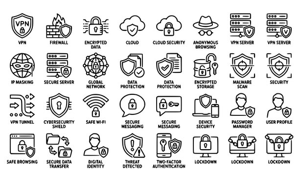 VPN cybersecurity line icon set with secure network encryption firewall and privacy protection symbols vector collection