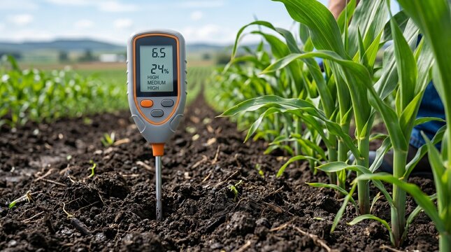 Agriculturist monitoring soil quality and NPK fertilizer levels in corn field. Digital sensor measuring moisture and nutrients for crop growth analysis. Precision smart farming technology.