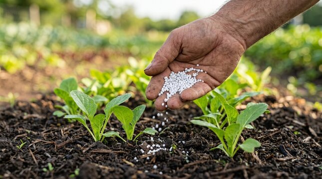 Man farmer hand applying NPK fertilizer granules on young green vegetable plant sprout in field. Mineral soil nutrition for agriculture growth. Farming process and gardening concept.