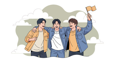Fototapeta premium Three happy young men friends embracing together.