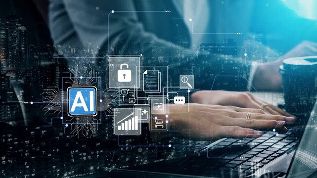 Hands Typing on Laptop with AI Technology Icons in a Modern Cityscape Background Representing Digital Transformation and Innovation in Business Gluon.