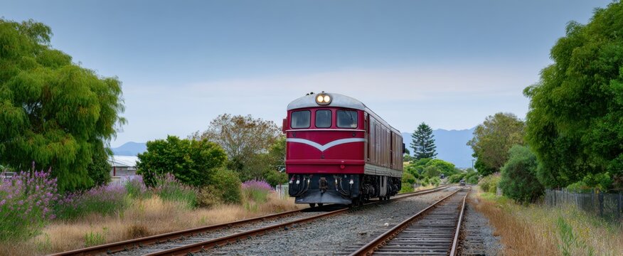 Retro diesel locomotive chugging off from the depot on aged railroad rails