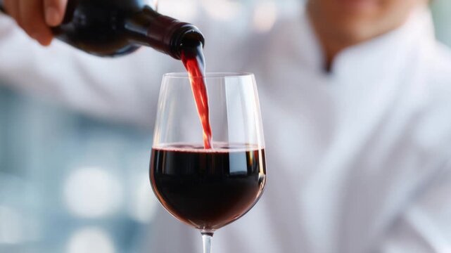 Experience the essence of fine wine with this captivating footage. A glass being filled showcases the beauty of red wine. Ideal for culinary and beverage presentations. AI