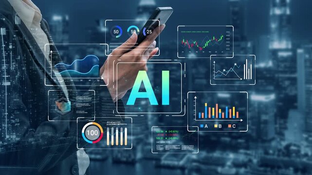Modern Businessman Using Smartphone Surrounded by AI Data and Analytics Visuals in a Futuristic Cityscape at Night Gluon.