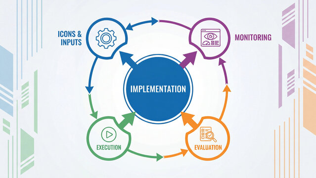 Implementation cycle process diagram showing inputs execution monitoring and evaluation stages with interconnected feedback loops for continuous program management improvement