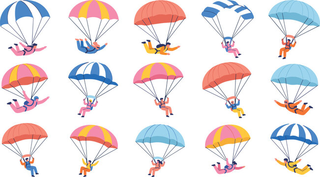 Parachute Skydiving Character Collection with Colorful Paragliding People Isolated on White Background for Adventure and Sports Design