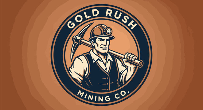 Vintage Gold Rush Mining Company Logo with Miner and Pickaxe.