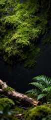 Fototapeta premium Lush Mossy Forest Corner With Fallen Log And Tropical Ferns