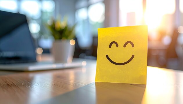 Motivational message on sticky note with smiling face, depicting support, recognition, and workplace positivity.