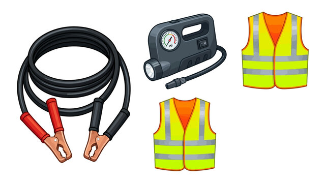 Collection of essential vehicle emergency repair gear including jump start cables, a portable tire inflator and reflective safety vests