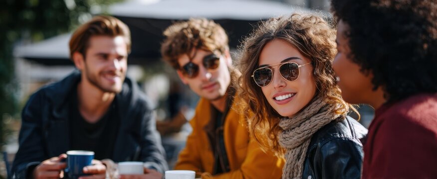 friends sipping java at an al fresco caf&eacute; on a bright sunny day