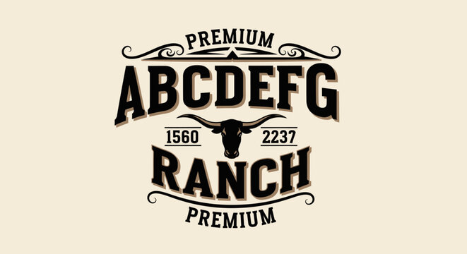 Vintage Western Ranch Logo with Bull Skull and Decorative Typography.