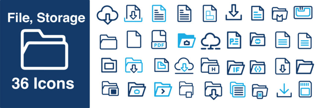 Professional file management and cloud storage vector icon set, document folders, digital data organization, backup service, pdf files, and web ui elements.