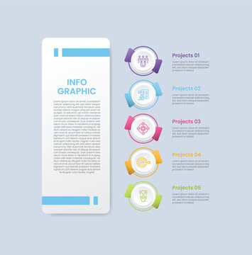 zigzag vertical timeline infographic with glossy gradient style with vertical main box description with circle badge stacked list with five segment information