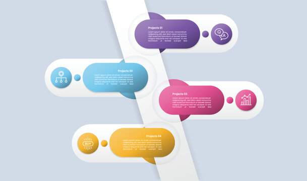 zigzag vertical timeline infographic with glossy gradient style with main skew line with round rectangle container opposite direction with four segment information