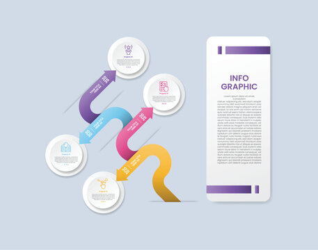 zigzag vertical timeline infographic with glossy gradient style with main box container with round arrow opposite direction with circle box information with four segment information