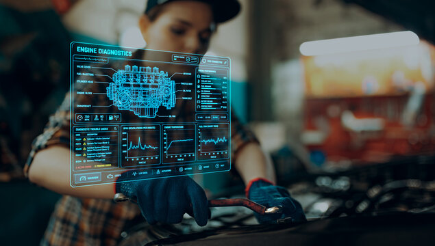 Female mechanic repairing car engine with holographic diagnostics interface. Concept of smart auto service, engine repair, predictive maintenance, AR tools and garage technology.