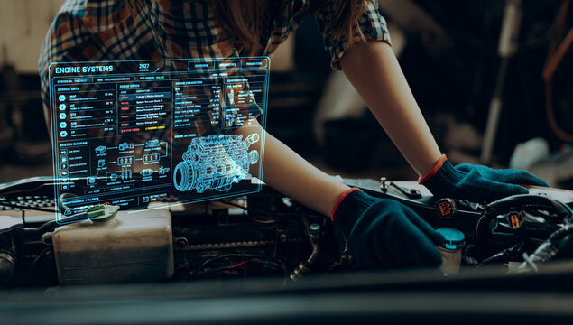 Mechanic checking engine bay with digital car system diagnostics display. Concept of auto repair software, workshop workflow, engine testing, ECU scanning and maintenance tech.