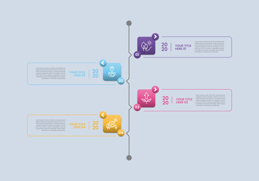 zigzag vertical timeline infographic with glossy gradient style with vertical line with square badge and outline box rectangle container with four segment information