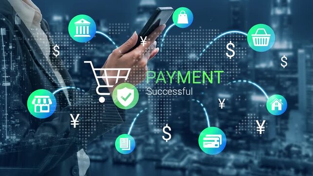 Successful Online Payment Process with Mobile Device and Digital Currency Symbols Over Cityscape Background Gluon.