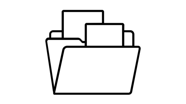 Professional client portfolio vector icon illustration showing an open file folder with multiple documents inside. Clean black line art style, minimalist design for business and organization.