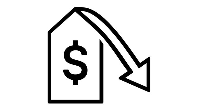 Price Drop Vector Icon Illustration featuring a Downward Arrow next to a Price Tag with a Dollar Sign. Clean Minimalist Line Art Style for Finance, Business, and E-commerce Discount Concepts.