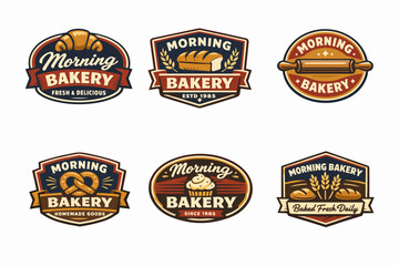Naklejka premium Collection of vintage bakery badges with different breads, pastries, and baking tools. Creating emblems for food businesses