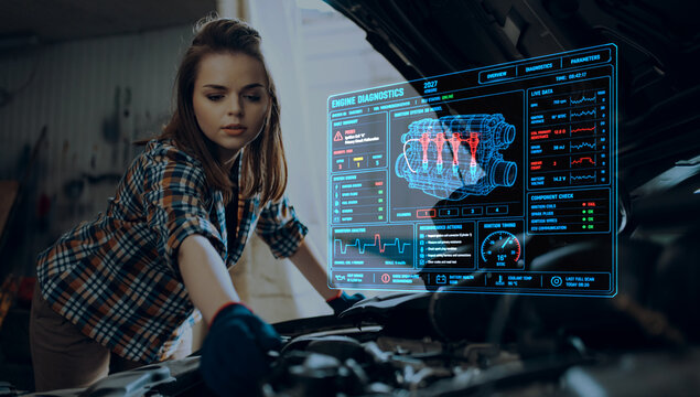 Female auto technician inspecting engine with futuristic diagnostics screen. Concept of connected car service, engine monitoring, repair training, fleet maintenance and AR support.