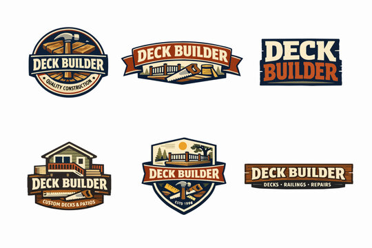 Assortment of vintage style deck builder logos representing construction, woodworking, and home improvement services