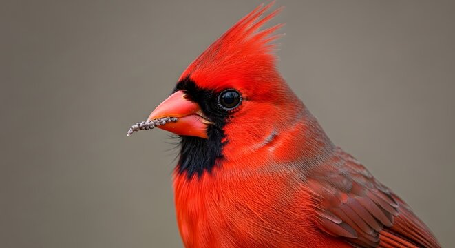 Close-up of a Bright Red Cardinal Bird with Black Mask.