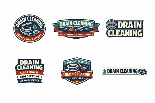 Drain cleaning logos set identifying plumbing, sewer service, and hydro jetting companies with vintage labels