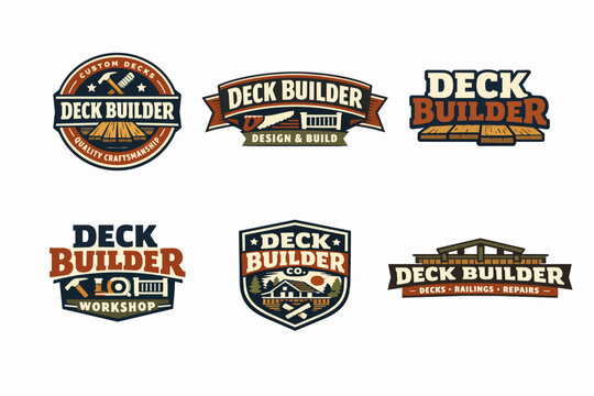 Deck builder logos collection showcasing construction tools, wood, and craftsmanship for carpentry business identity