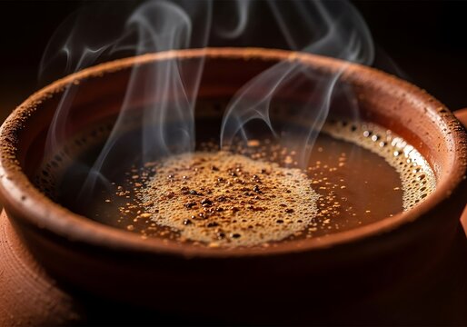 Hot aromatic coffee brewing in a rustic metal cup with rising steam on a dark background. cafe de olla