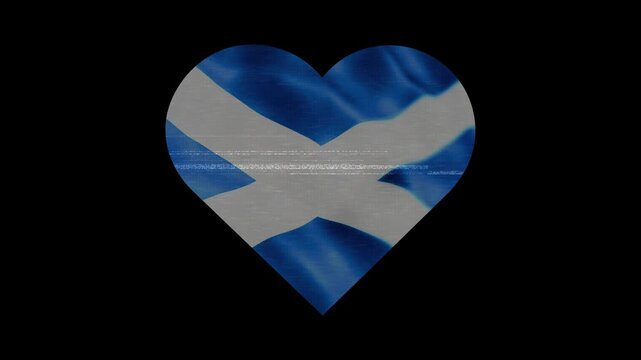 Patriotic Scotland Heart Waving National Flag. Heart Shaped Scotland Flag Animation with Retro Digital Glitch Effect