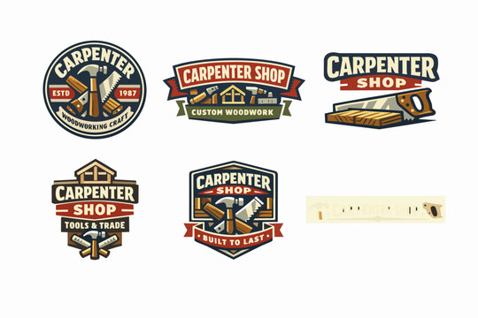 Carpenter shop logos and emblems displaying woodworking tools and craft symbols, representing professional carpentry services