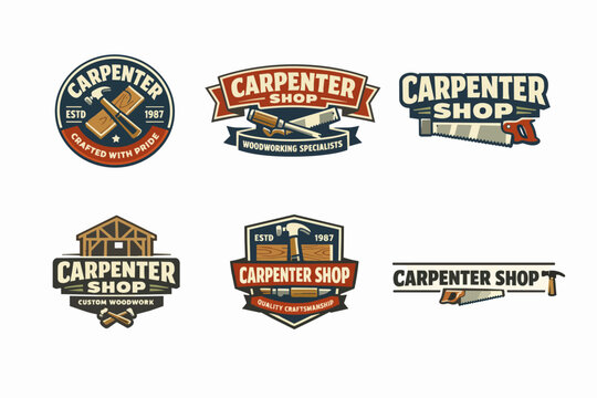 Carpenter shop logos collection offering vintage and retro designs for woodworking business branding, showing saws and hammers