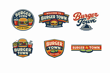 Naklejka premium Burger town restaurant branding collection featuring diverse retro badges with burger, fries, and beverage graphics