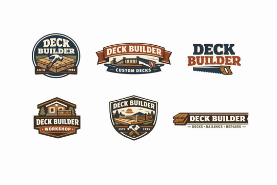 Deck builder logo designs set presenting various creative emblems for outdoor carpentry and custom wooden deck services
