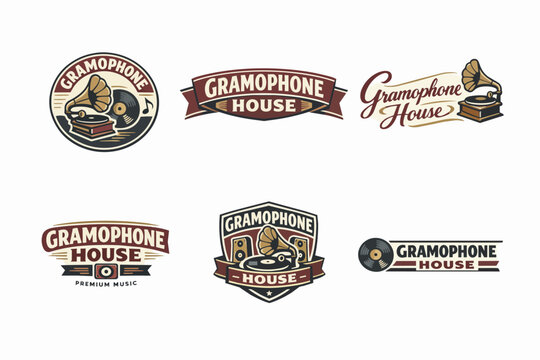 Set of retro gramophone house logos and badges featuring old style music players, vinyl records, and sound notes