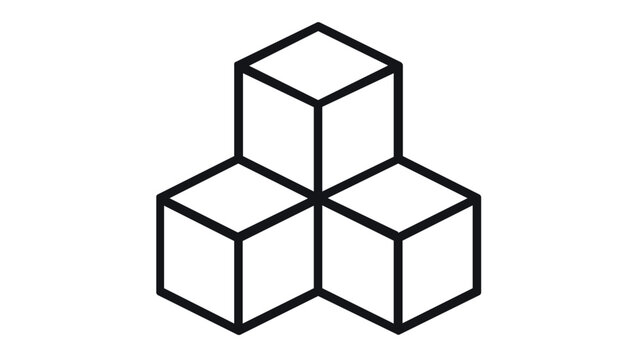 Minimalist vector icon illustration of three stacked isometric cubes representing blockchain technology, data structures, or real estate tokenization in a clean black line art style on white.