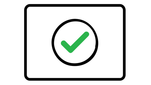 Minimalist vector illustration of a computer monitor screen with a green checkmark icon, symbolizing a successful status page, completed task, or verified process in a clean line art style.
