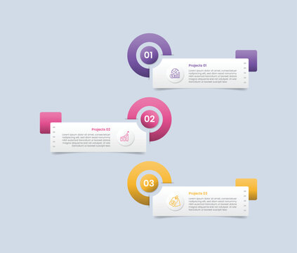 zigzag vertical timeline infographic with glossy gradient style with long paper with thick outline circle and square layer behind with three segment information