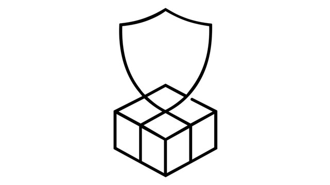 Vector icon illustration of a blockchain block protected by a security shield, representing data protection, secure transactions, cryptocurrency safety, and decentralized network integrity in black.