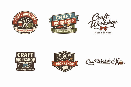 Craft workshop vintage logos collection featuring handmade tools, supplies, and goods emblems for creative businesses