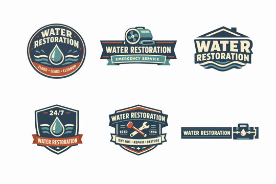 Set of vector water restoration badges for emergency services, depicting cleaning, drying, and repairing concepts
