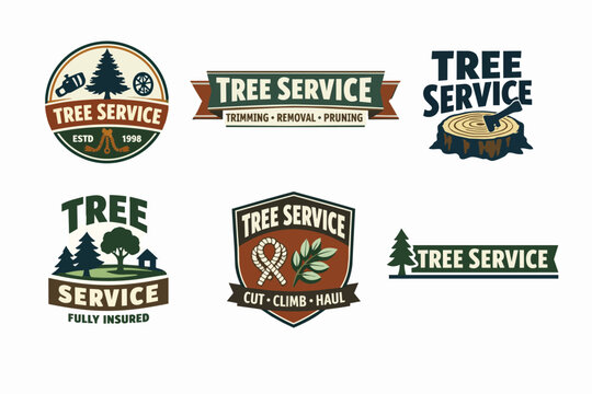 Collection of tree service logos and emblems representing arborist companies, landscaping, timber, and logging businesses