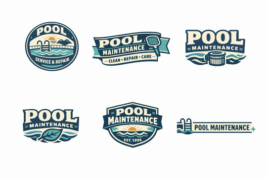 Different emblems presenting concepts for swimming pool maintenance with water, ladder, filter, and sun elements
