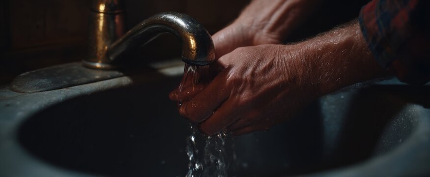 Close-up of skilled hands expertly repairing a leaking pipe under the cluttered sink